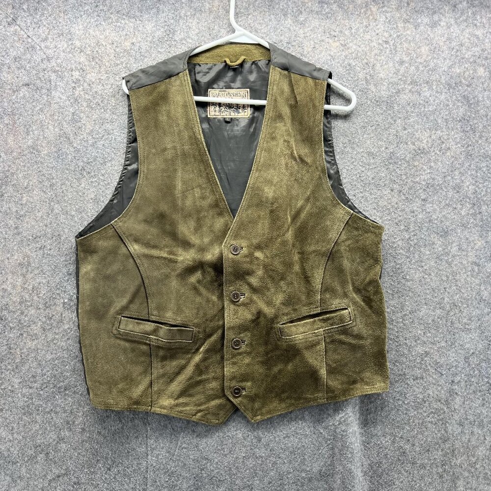Woodsman Vest Men Large Adult Olive Green Leather Suede Vintage 90s Reversible